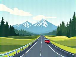 Illustration d'une autoroute suisse avec des montagnes en arrière-plan, et une petite icône de voiture traversant, symbolisant le transit.