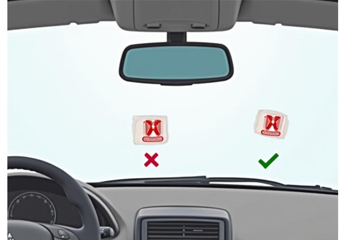 Diagramme montrant l'emplacement correct de la vignette sur un pare-brise de voiture